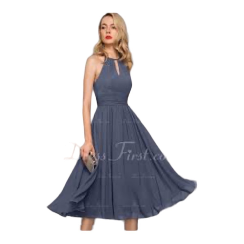 JJs House Slate Blue Backless Halter Tea-Length Dress
